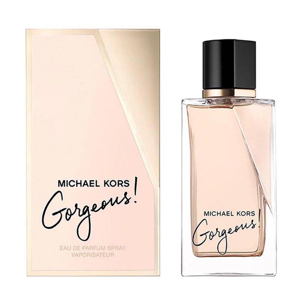 Spray Eau de Parfum avec emballage. Flacon rectangulaire, bouchon noir, col doré. Liquide rose.