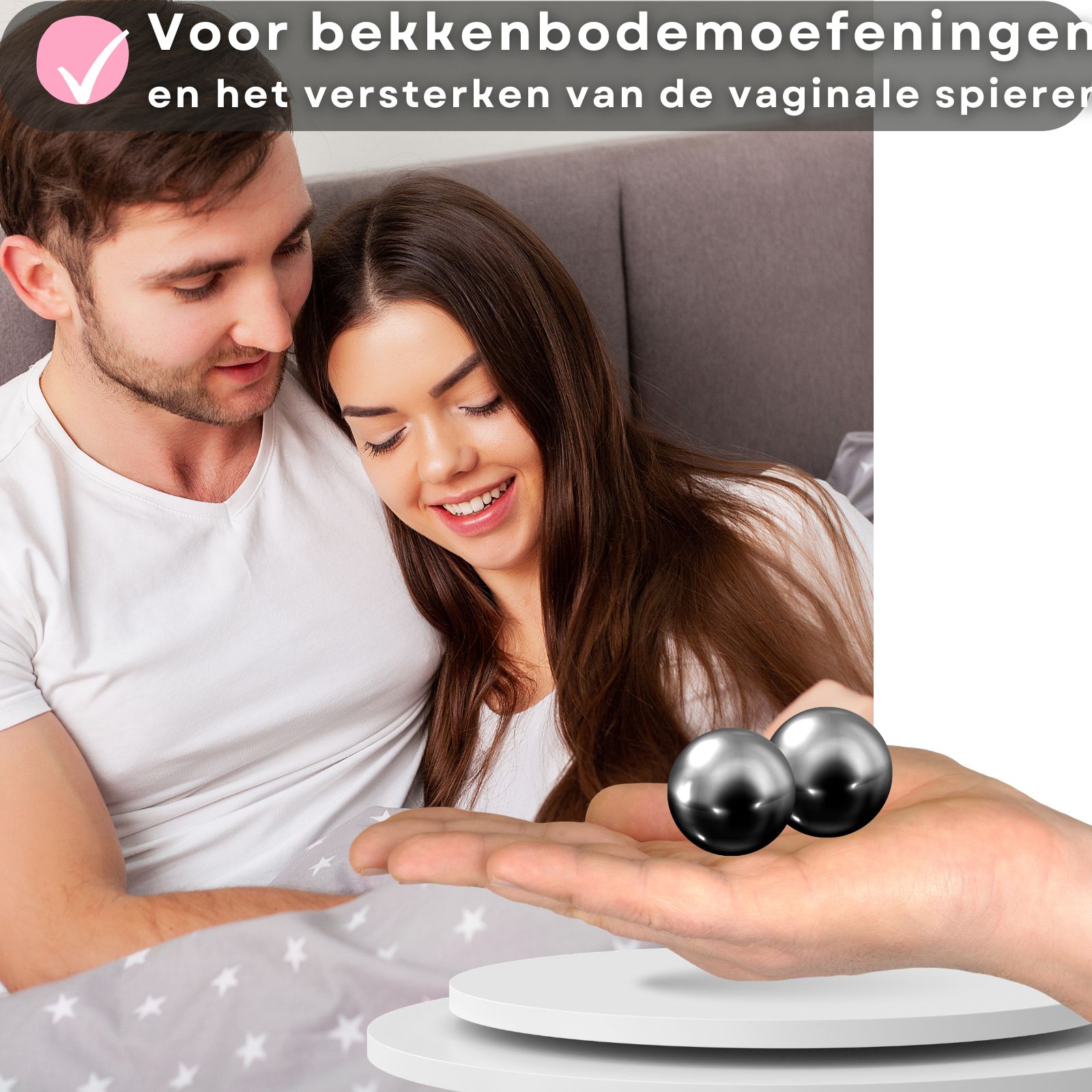 Een metalen bol op een platform. Tekst: 1 bolmaat, Set: 87g 20mm.