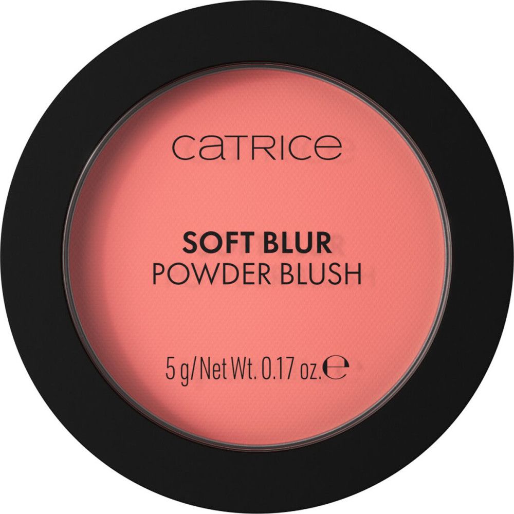 Boîtier rond noir avec fard à joues rose. Inscription: Catrice Soft Blur Powder Blush.