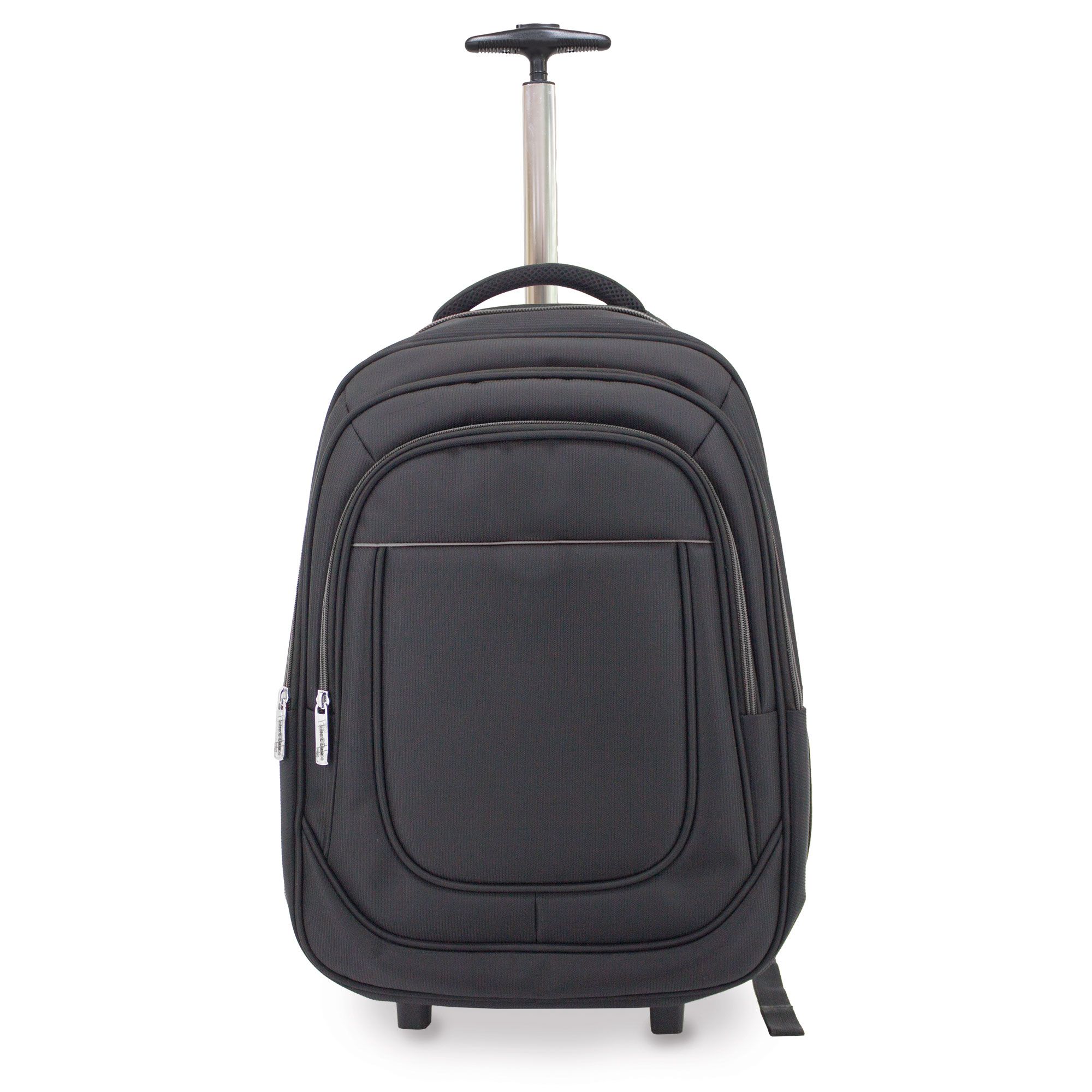 Zwarte trolleyrugzak met uitschuifbare handgreep en wielen. Ritsvak aan de voorkant. Handvat aan de bovenkant.