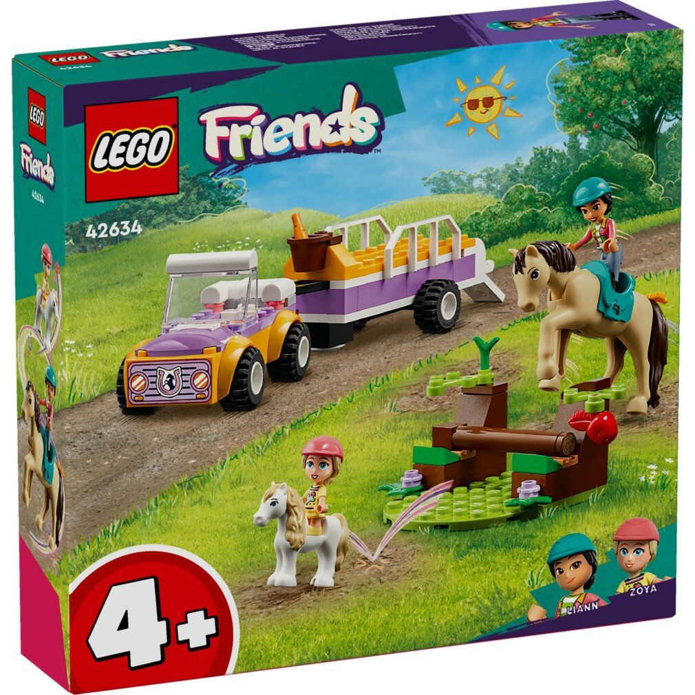 Ensemble LEGO Friends avec voiture, remorque, chevaux, poney et figurines. Emballage à gauche. Recommandé pour 4 ans et plus.