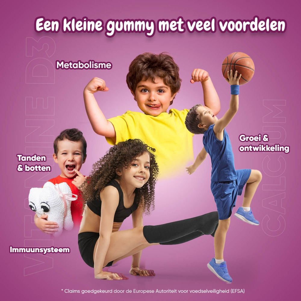 Kinderen met basketbal, tanden, spieren en immuunsysteem. Tekst: Een kleine gummy met veel voordelen.