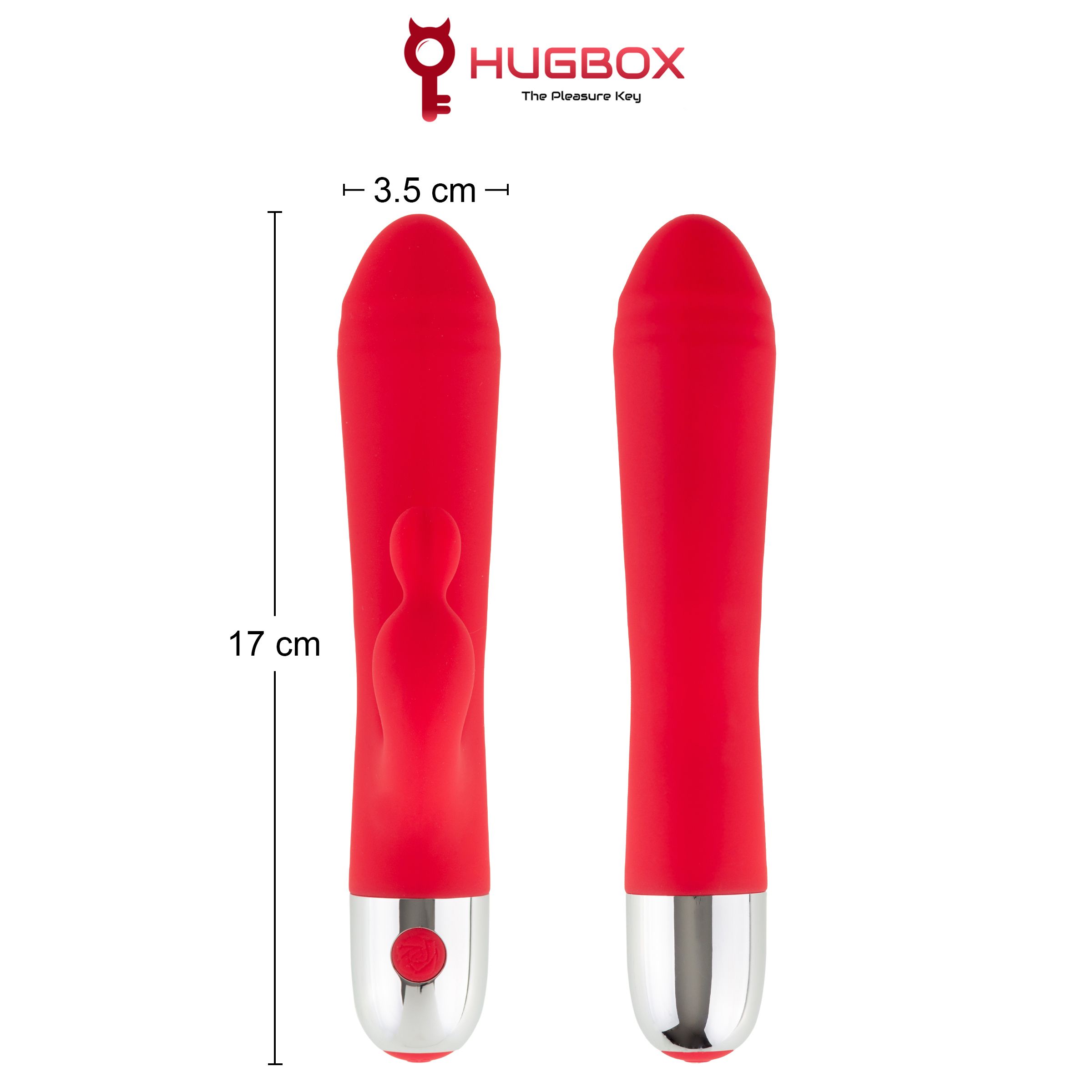 Rode vibrator, voor- en achteraanzicht. Afmetingen: 17 cm lang, 3,5 cm breed. Logo: HUGBOX The Pleasure Key.