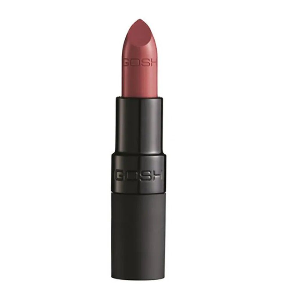 Rouge à lèvres Gosh Velvet Touch 014 Matt Cranberry. Boîtier noir, rouge à lèvres rose. Logo Gosh.