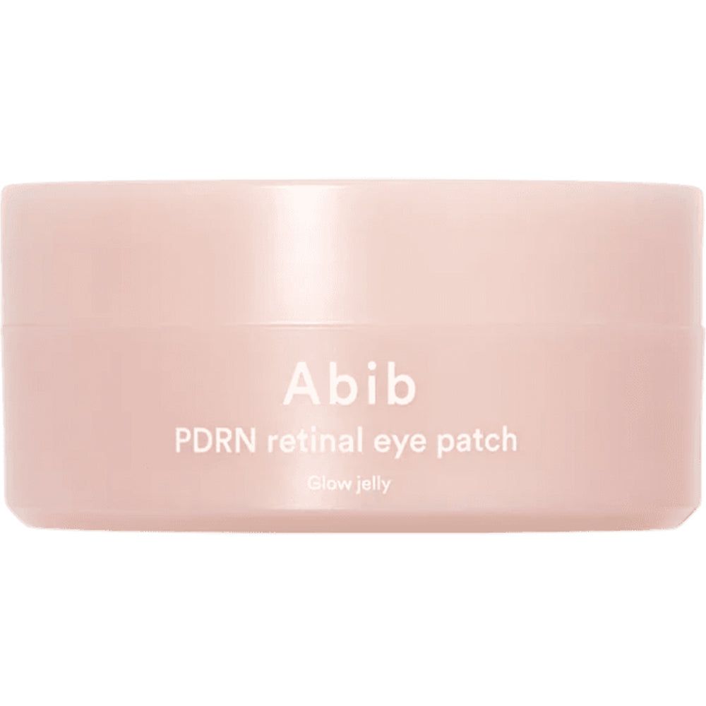 Boîte rose avec texte blanc : Abib PDRN retinal eye patch Glow jelly. Le couvercle et la boîte sont roses.