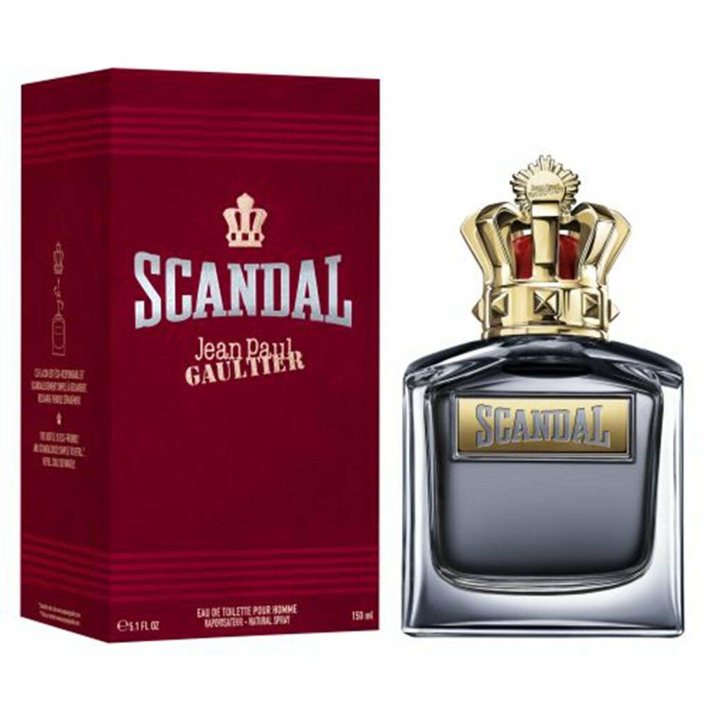 Fles en verpakking van Jean Paul Gaultier Scandal Eau de Toilette. Rode doos met gouden opschrift. Fles met kroonvormige dop.