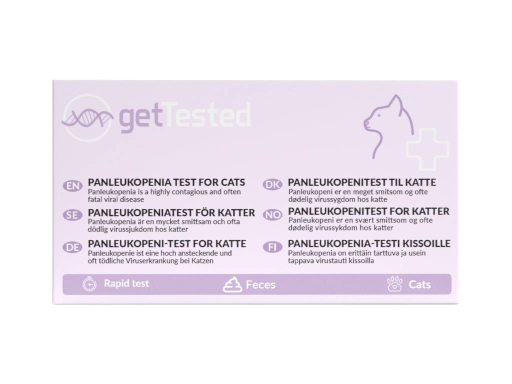 Verpakking met productinformatie en logo. Bevat tekst in meerdere talen, waaronder Nederlands. Illustratie van een kat.