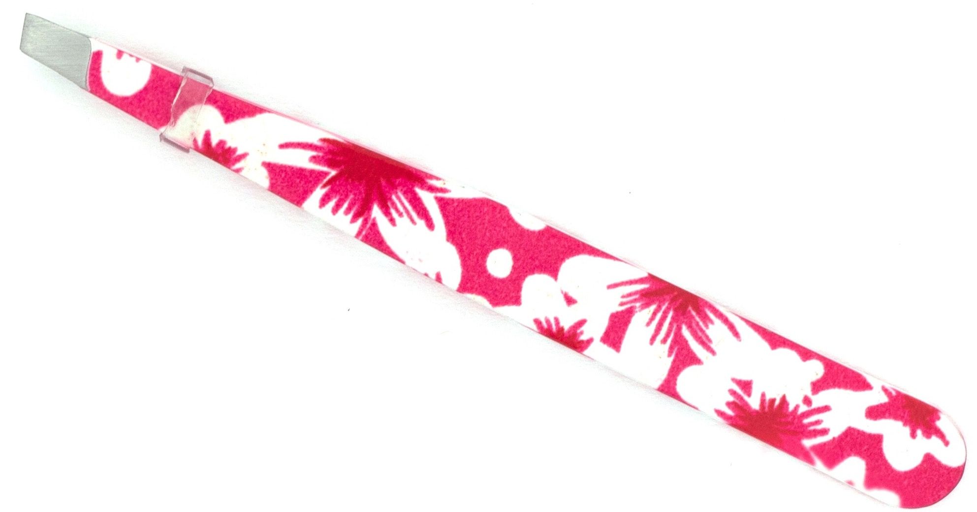 Schuine pincet met roze bloemenpatroon. Metalen punt. Op witte achtergrond.