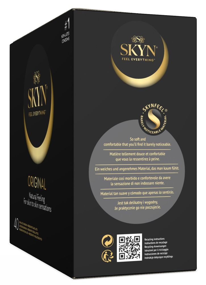 Zwarte verpakking met SKYN-logo en productnaam. Bevat 40 condooms. Opschrift: Original, Natural Feeling.