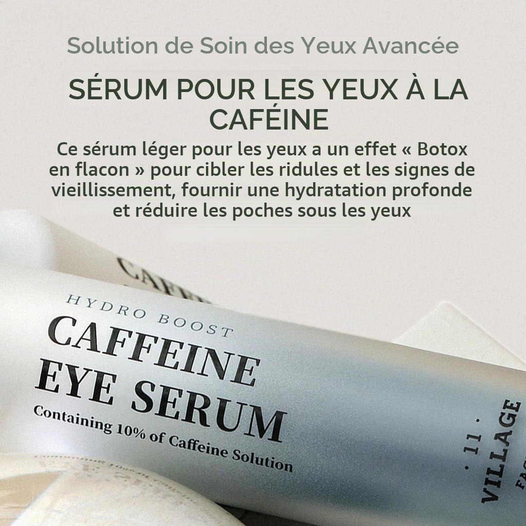 Flacon de sérum contour des yeux à la caféine, inscription "Hydro Boost Caffeine Eye Serum".