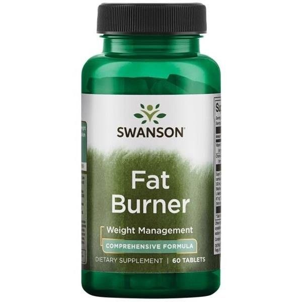 Flacon vert avec bouchon noir. Inscription : Swanson, Fat Burner, Weight Management, Comprehensive Formula, Complément alimentaire, 60 comprimés.