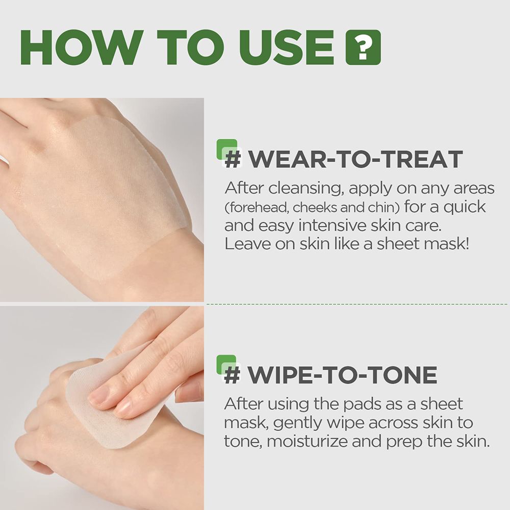 Deux mains montrent l'utilisation. Texte : #WEAR-TO-TREAT, #WIPE-TO-TONE. Tampons sur la peau. Texte sur l'utilisation.
