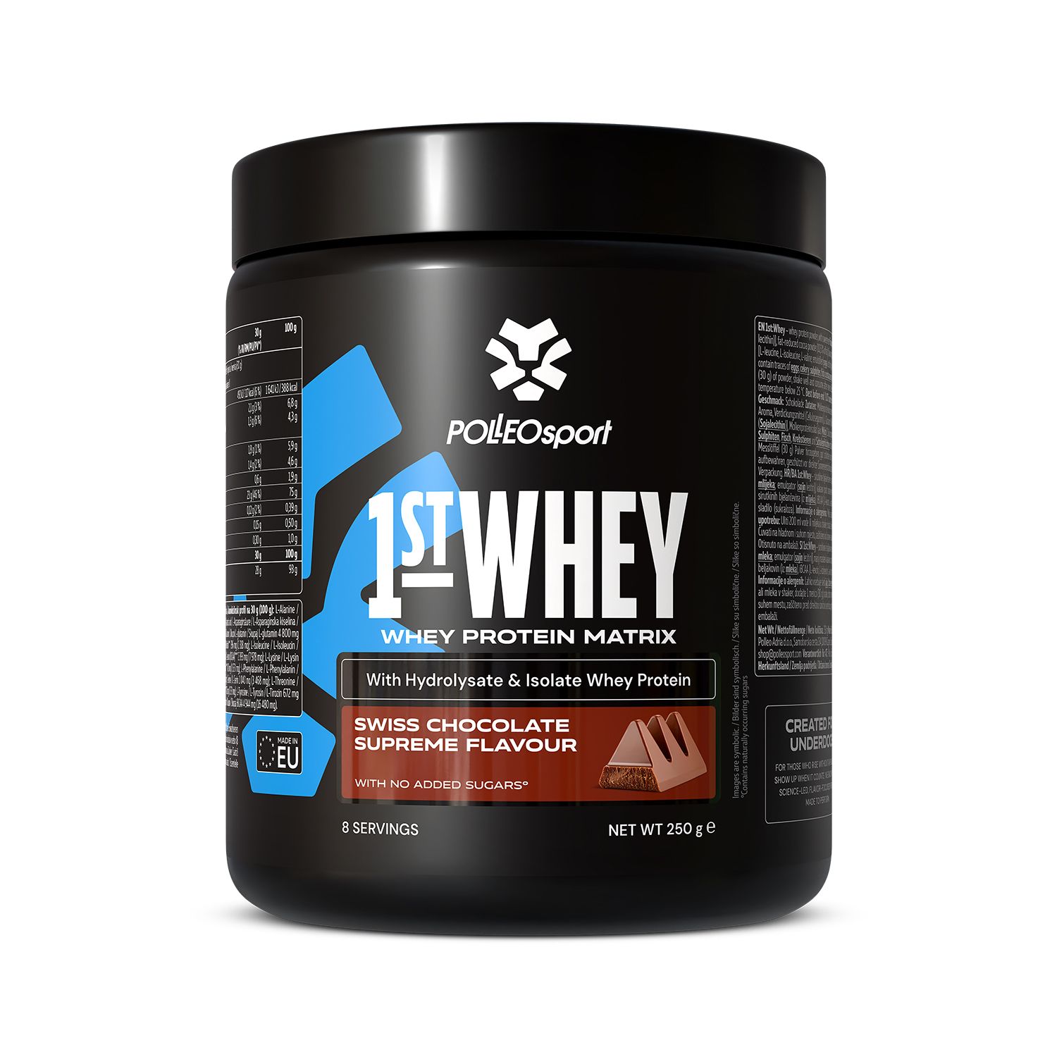 Een zwarte pot PolleoSport 1st Whey Swiss Chocolate Supreme smaak, 250g.
