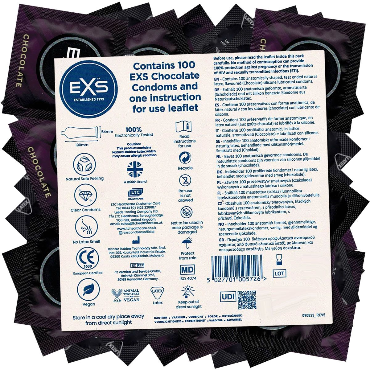Emballage de 100 préservatifs EXS Chocolate. Contient une notice d'utilisation. Marquage CE, végétalien et autres certifications.