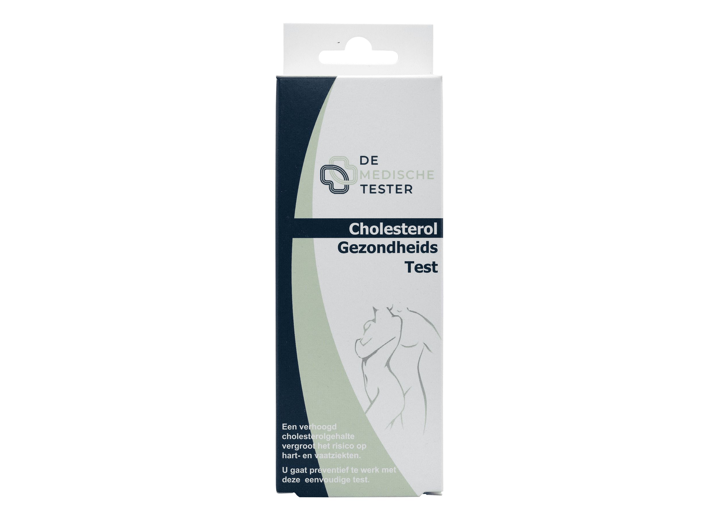 Emballage du test de santé cholestérol. Boîte blanche et bleue avec l'inscription "De Medische Tester" et "Cholesterol Gezondheids Test".