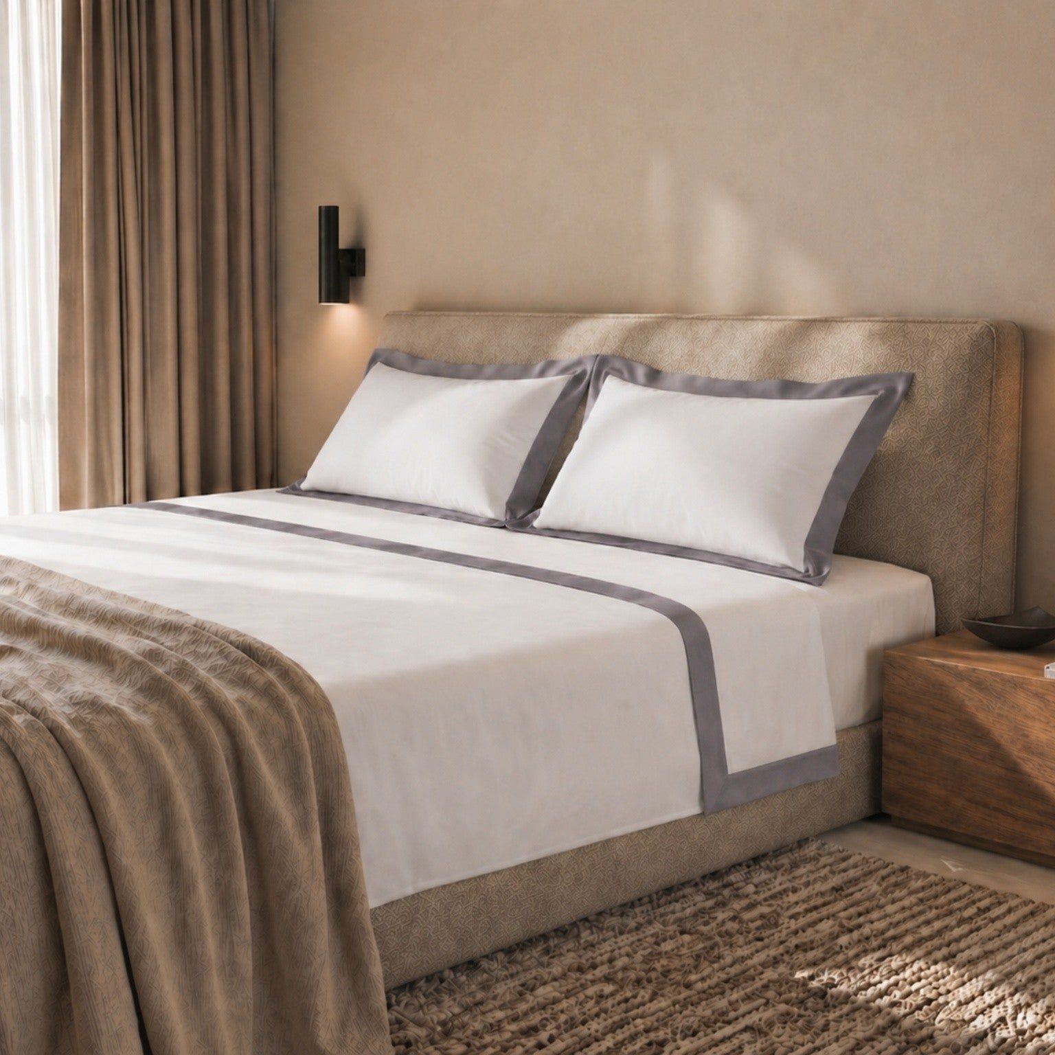 The White Stone Lakenset Eenpersoons 100% Katoen met Decoratieve Satijnen Rand Donkergrijs