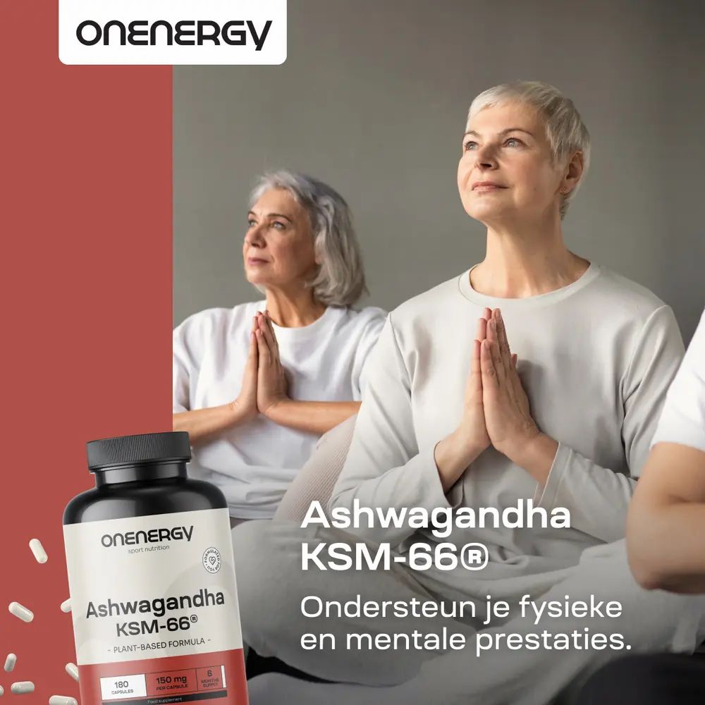 Fles Ashwagandha KSM-66® met 180 capsules. Ashwagandha plant met rode bessen ernaast.