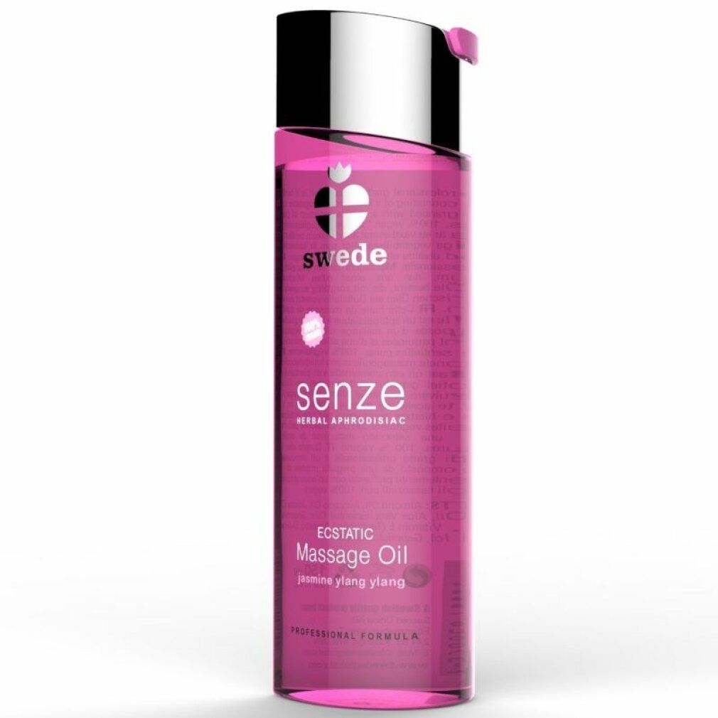 Swede Senze massageolie: Roze fles met zilveren dop. Vermeldt 'Ecstatic Massage Oil' en 'Jasmine Ylang Ylang'.