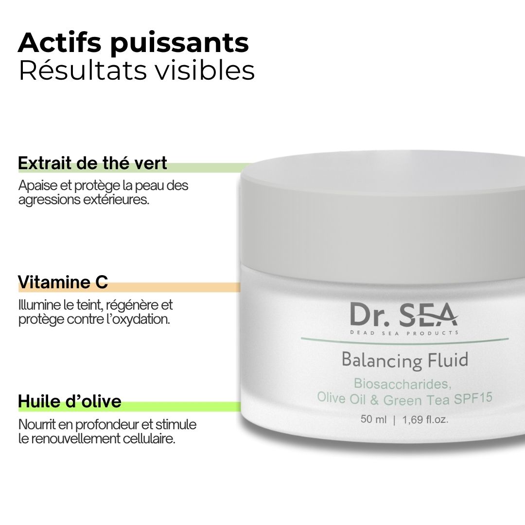 Produit avec texte. Texte : Extrait de thé vert, Vitamine C, Huile d'olive. Produit : Dr. SEA Balancing Fluid.