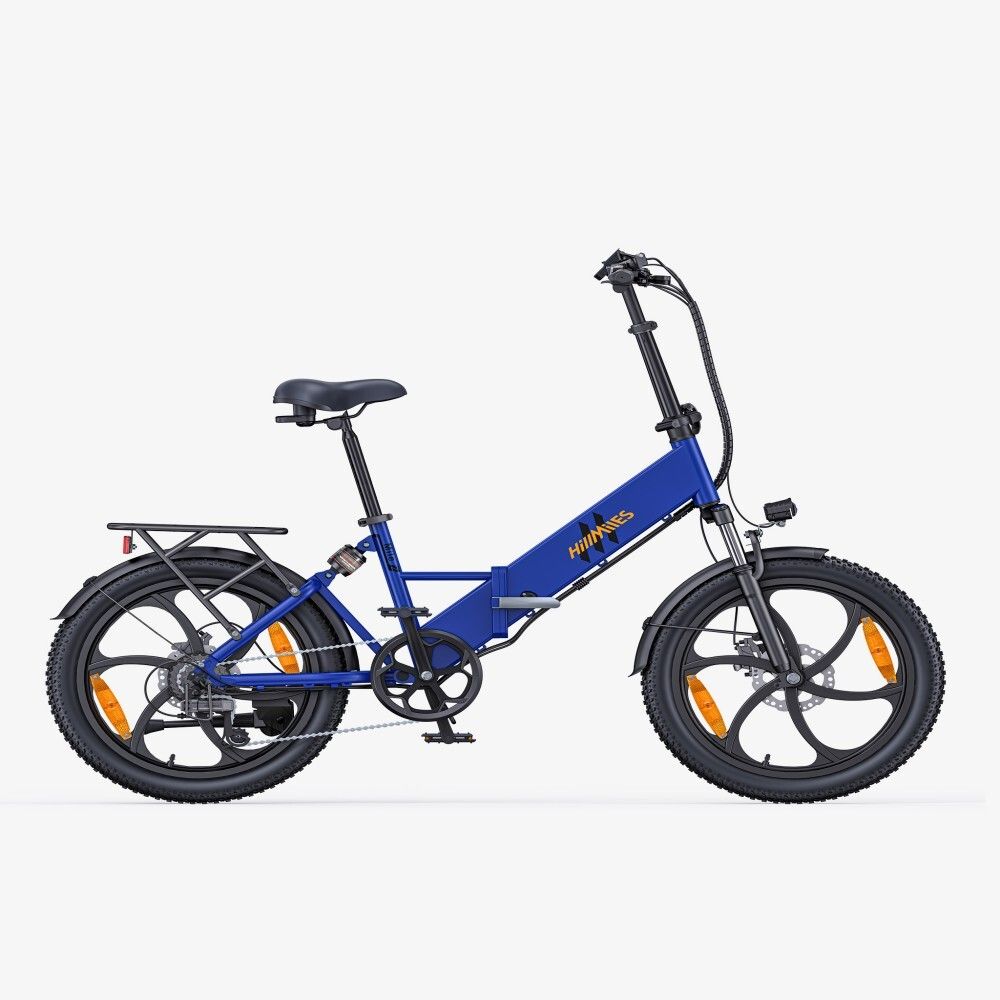Vélo électrique bleu avec pneus noirs et porte-bagages. Marque HillMiles.