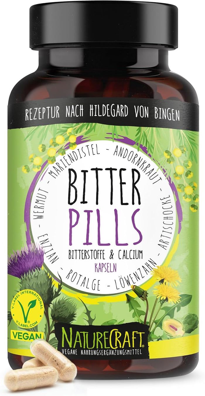 Flacon marron avec gélules. Inscription : Bitter Pills, Bitterstoffe & Calcium Kapseln. Label Vegan.
