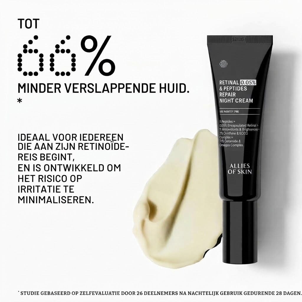 Zwarte tube met opschrift "Retinal 0.05% & Peptides Repair Night Cream" en "Allies of Skin".