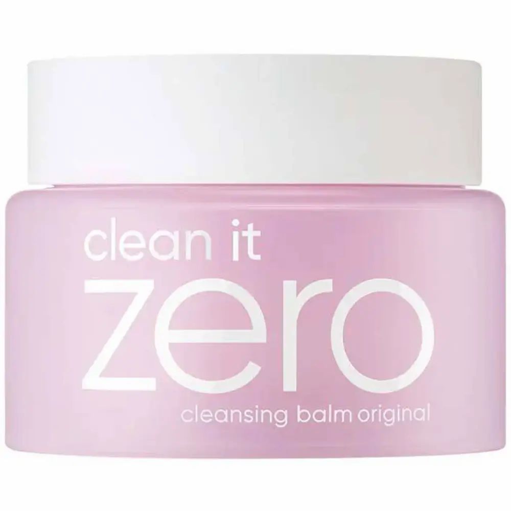 Pot rose avec couvercle blanc. Inscription : clean it zero cleansing balm original.