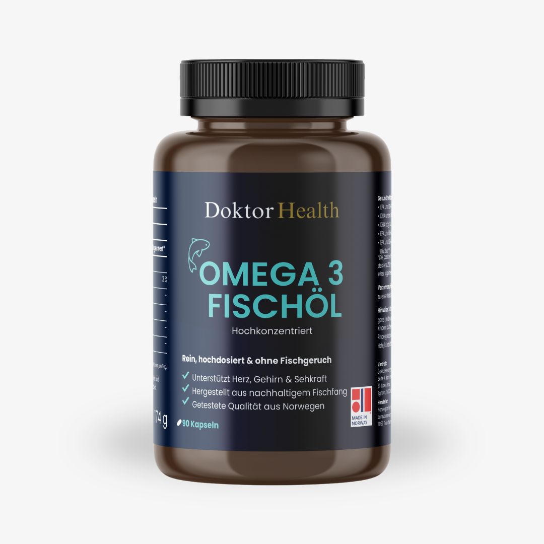 Bruine fles met zwarte dop. Opschrift: Doktor Health Omega 3 Fischöl. Hoog geconcentreerd. 90 capsules.