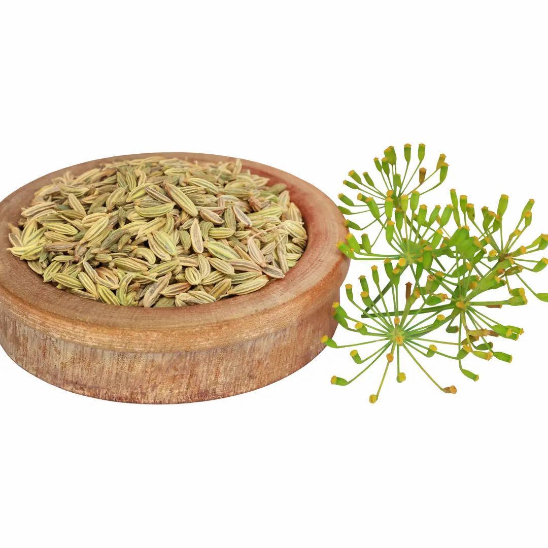 Graines de fenouil dans un bol en bois, à côté de fleurs de fenouil. Fond blanc.