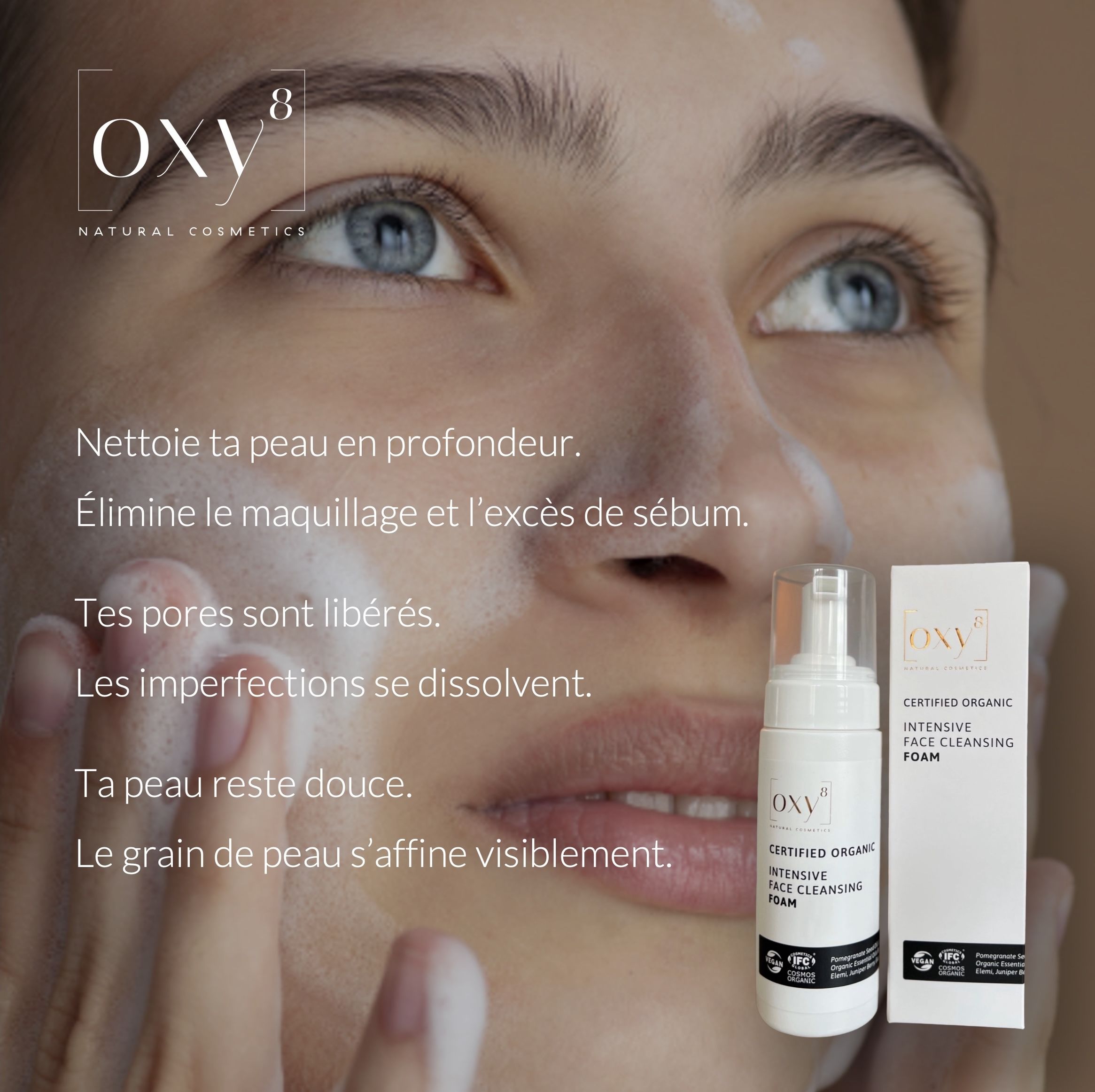 Femme avec visage. Flacon blanc avec pompe. Texte: Intensive Face Cleansing Foam. Logos.