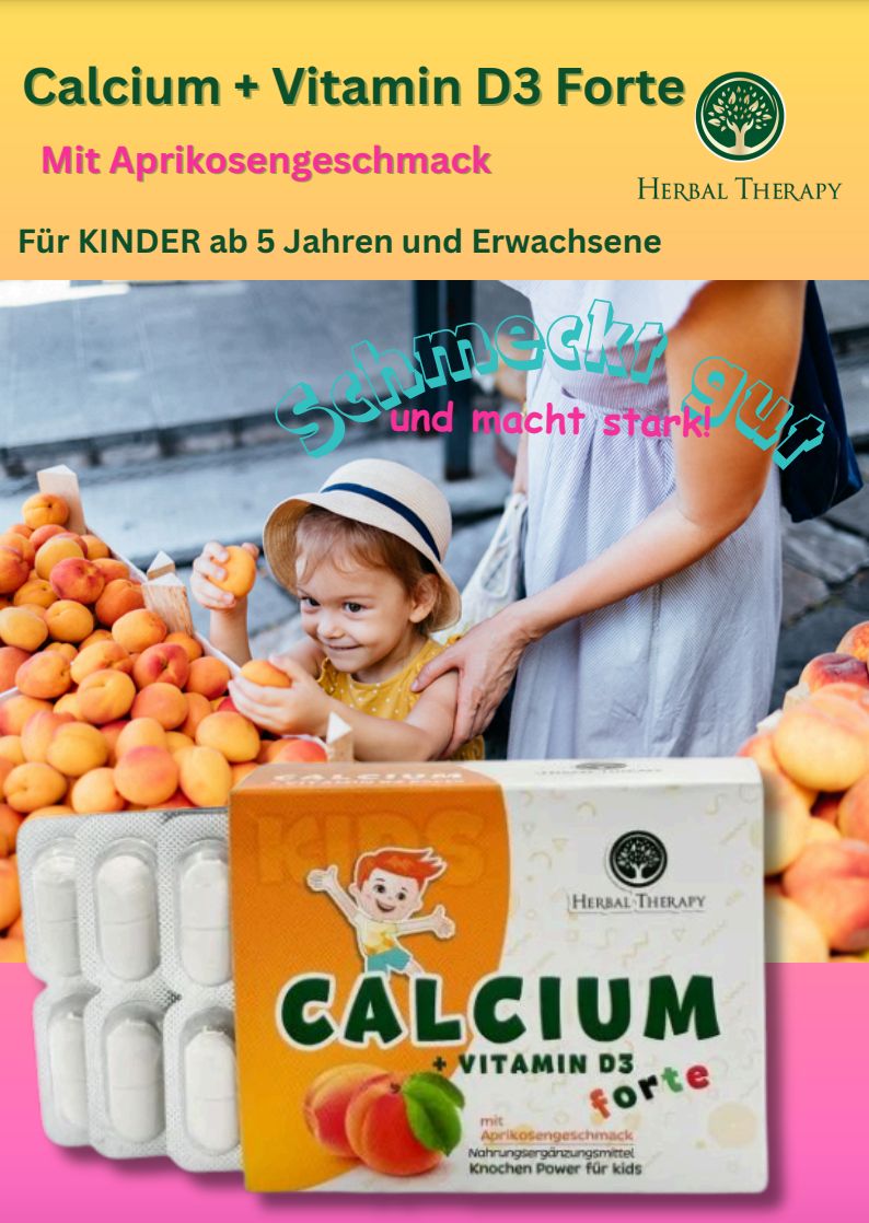 Image publicitaire avec enfant et emballage du produit. Inscription : Calcium + Vitamine D3 forte. Logo : Herbal Therapy. Texte : Pour enfants dès 5 ans et adultes.