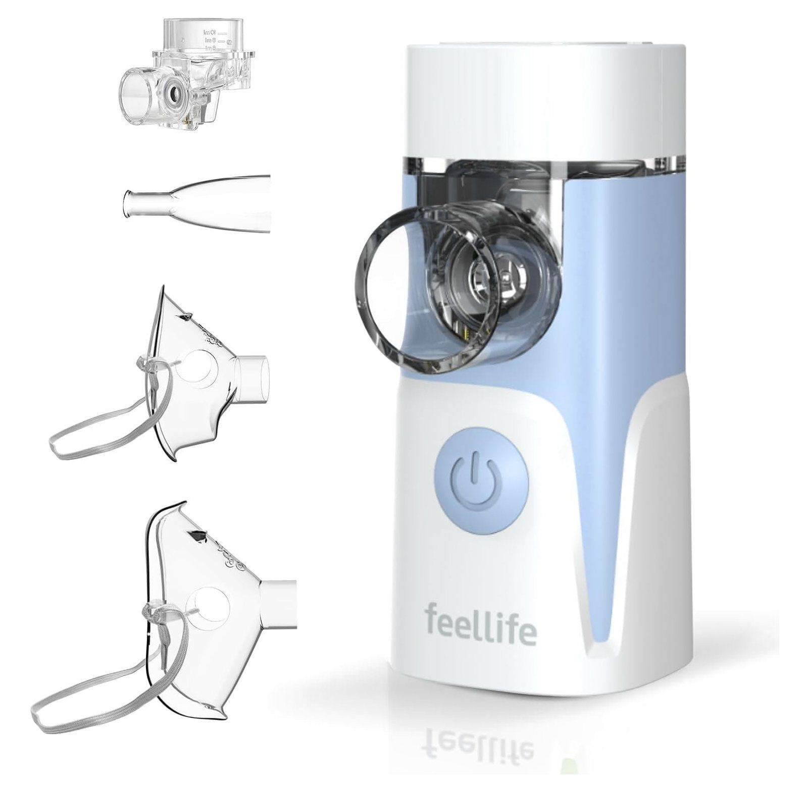 Nébuliseur avec accessoires : embout buccal, embout nasal, deux masques. Appareil bleu et blanc avec logo 'feellife'.