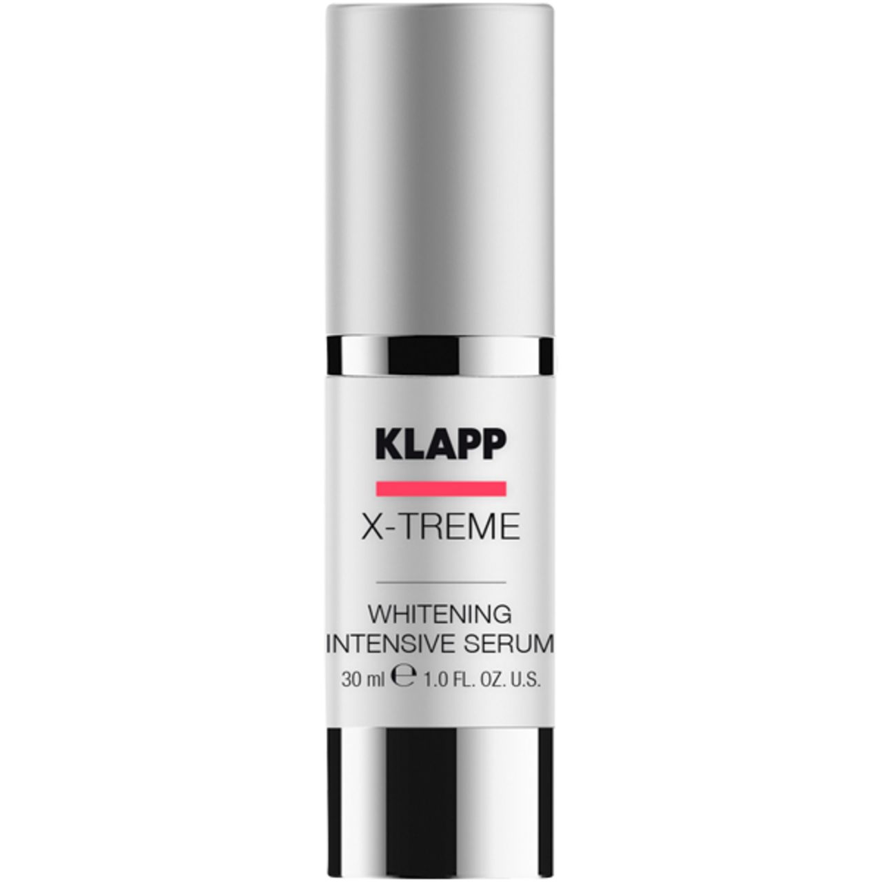 Flacon cylindrique avec bouchon argenté. Inscription: KLAPP, X-Treme, Whitening Intensive Serum. 30 ml.