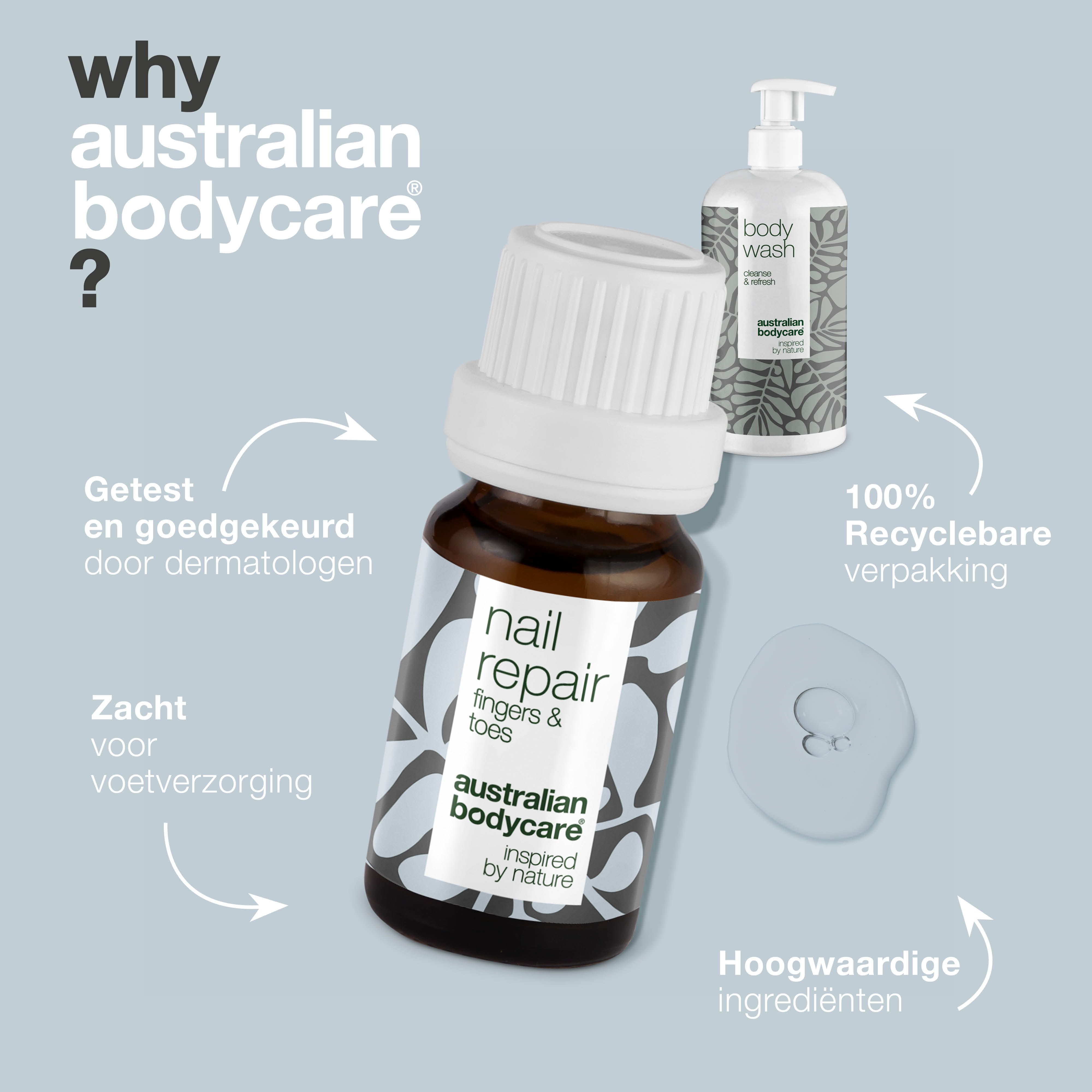 Nagelolie en body wash. Opschrift: Australian Bodycare. Voordelen: getest, hoogwaardige ingrediënten, zacht.