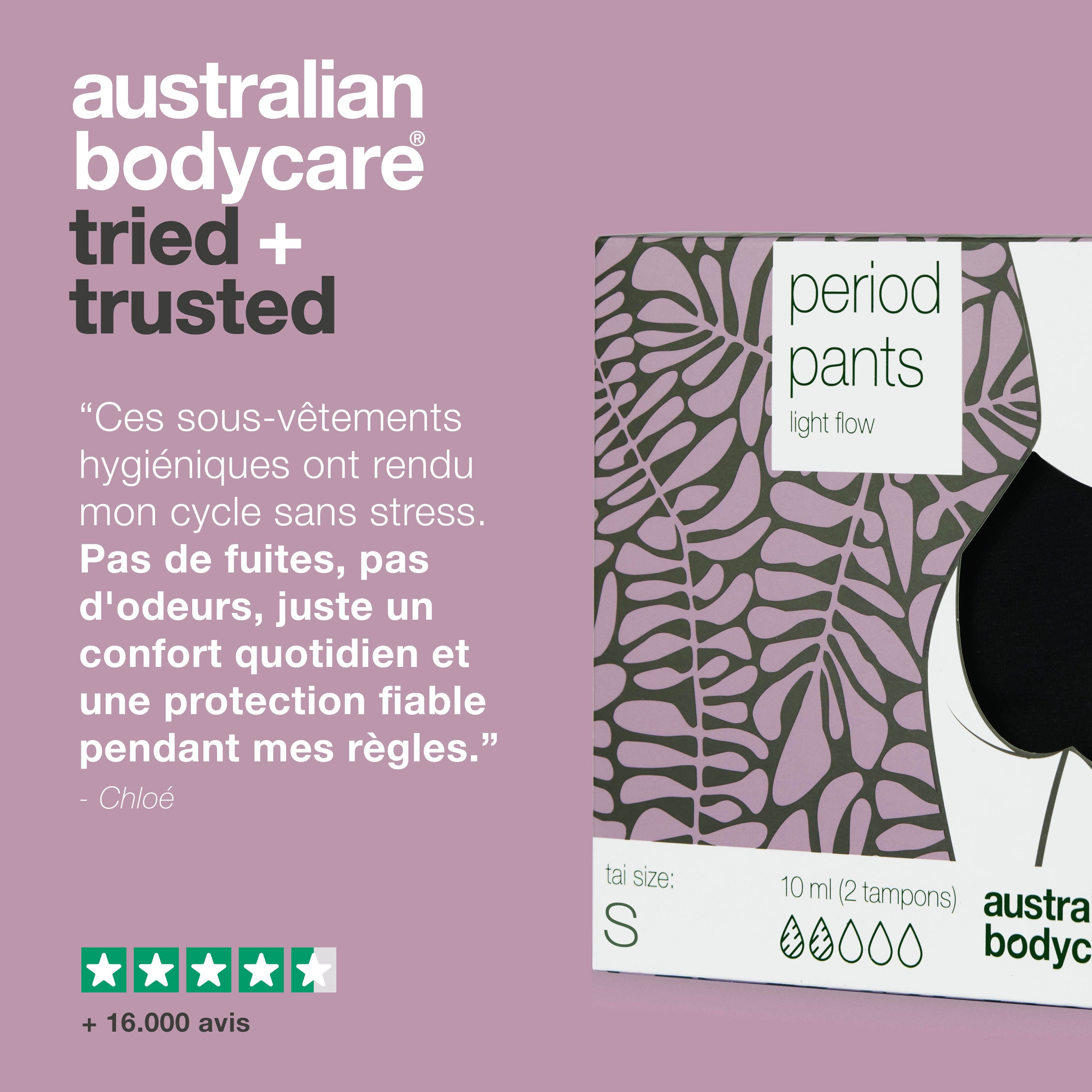 Emballage de culotte menstruelle. Marque : Australian Bodycare. Texte : témoignage. Taille S. Inscription : Period Pants, Light Flow. Évaluation étoiles.