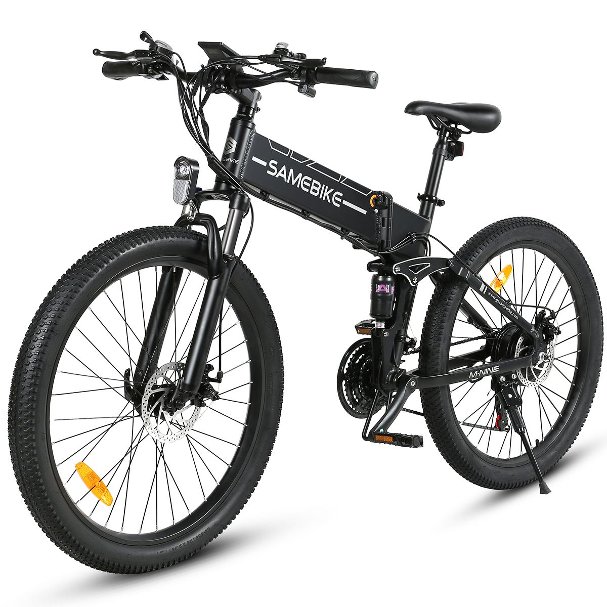 Vélo électrique noir. Roues, selle, guidon et batterie visibles. Marque SAMEBIKE.