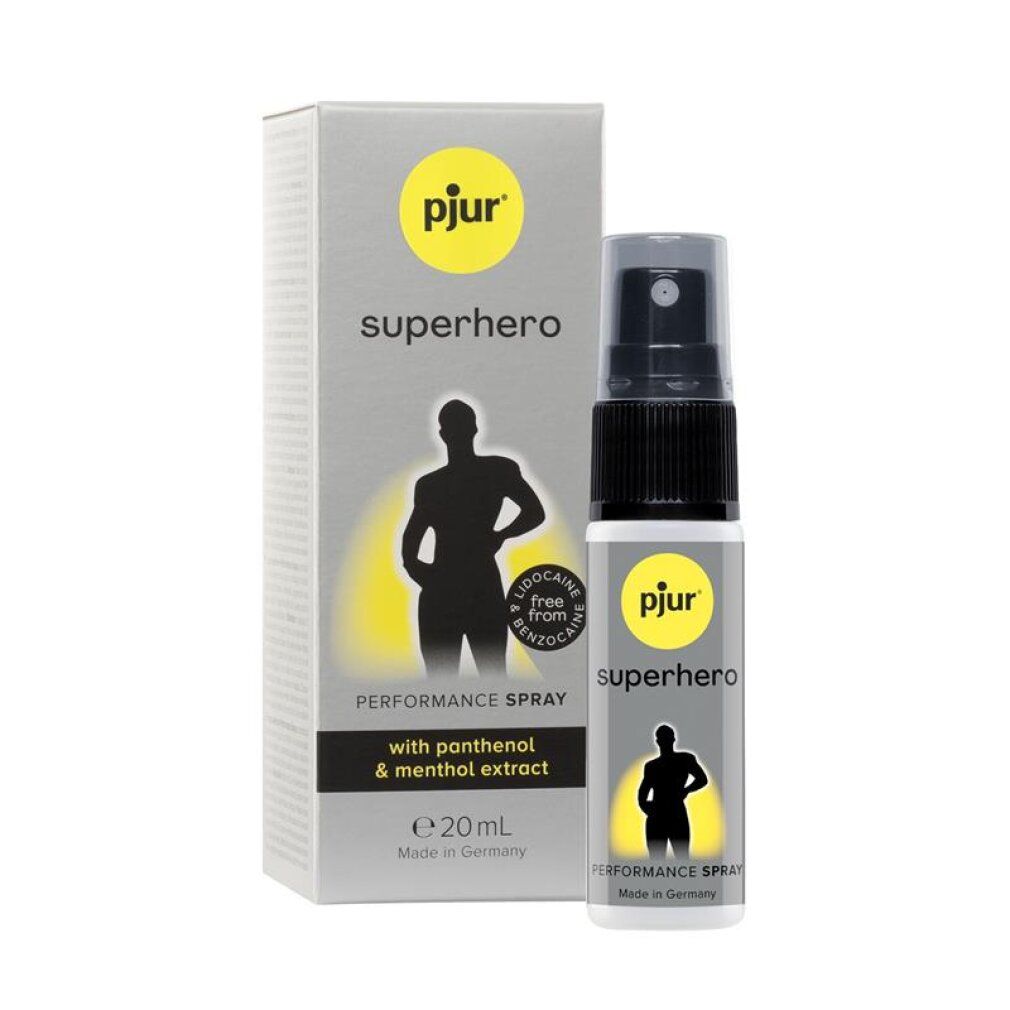 pjur SUPERHERO Performance Spray (20ml) naast de verpakking, voor mannen.