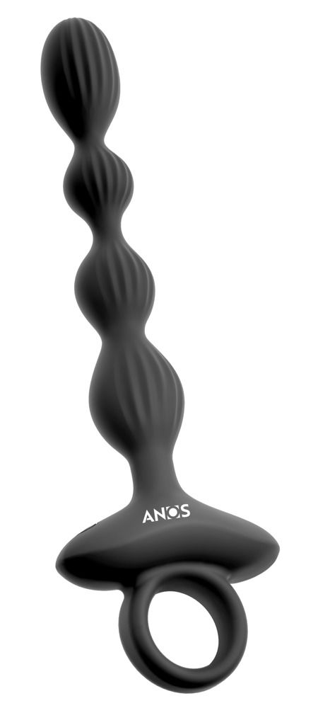 Zwarte, geribbelde vibrator met een ring aan het handvat en het ANOS-logo.