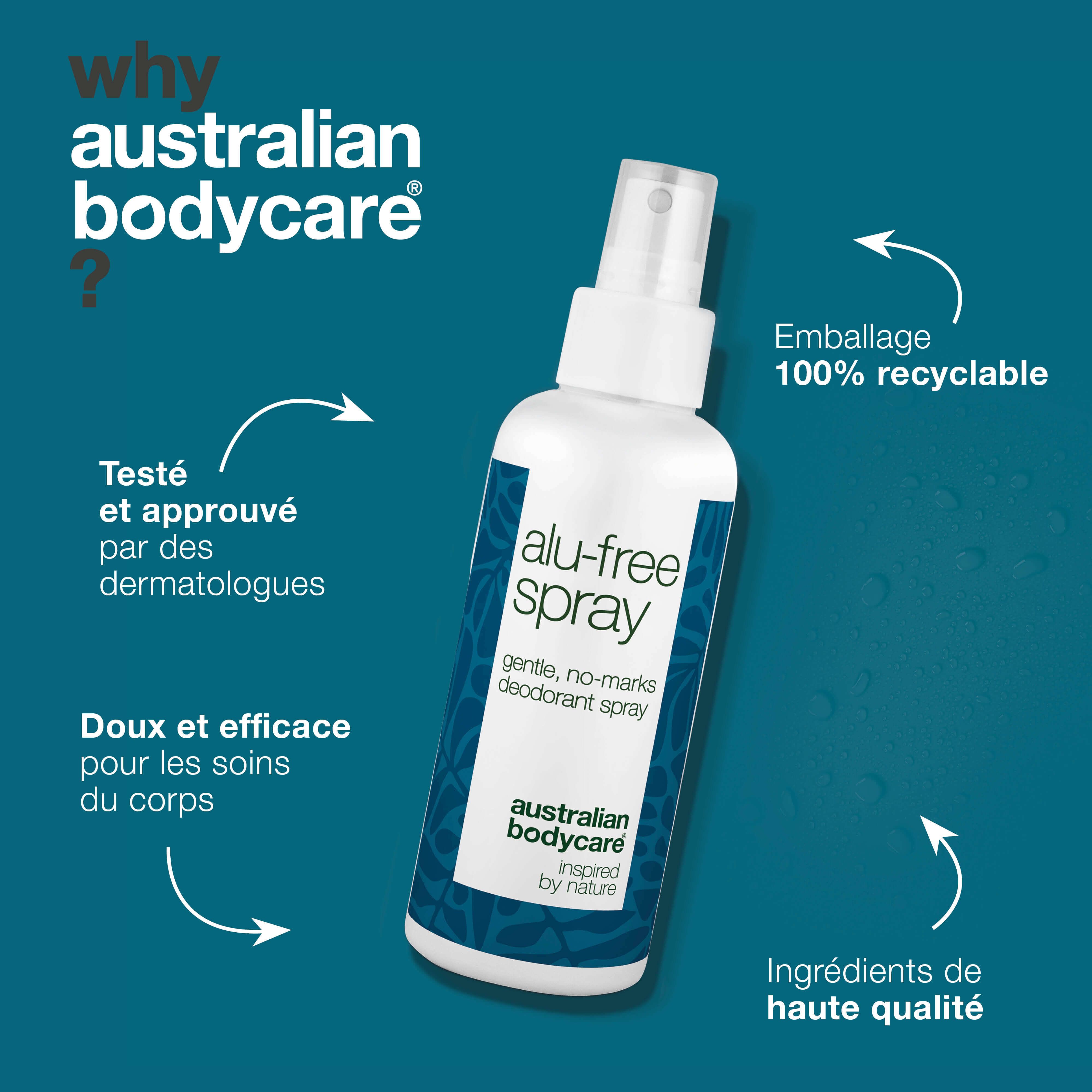 Spray sans aluminium. Texte: alu-free spray, gentle, no-marks deodorant spray. Logo: Australian Bodycare. Texte: Emballage 100% recyclable.