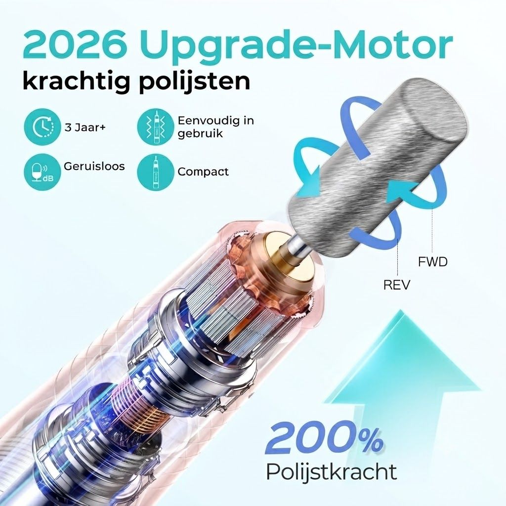 Gedetailleerd aanzicht van een elektrische nagelfrees met open behuizing die de motor en spoelen toont. Een opzetstuk roteert.