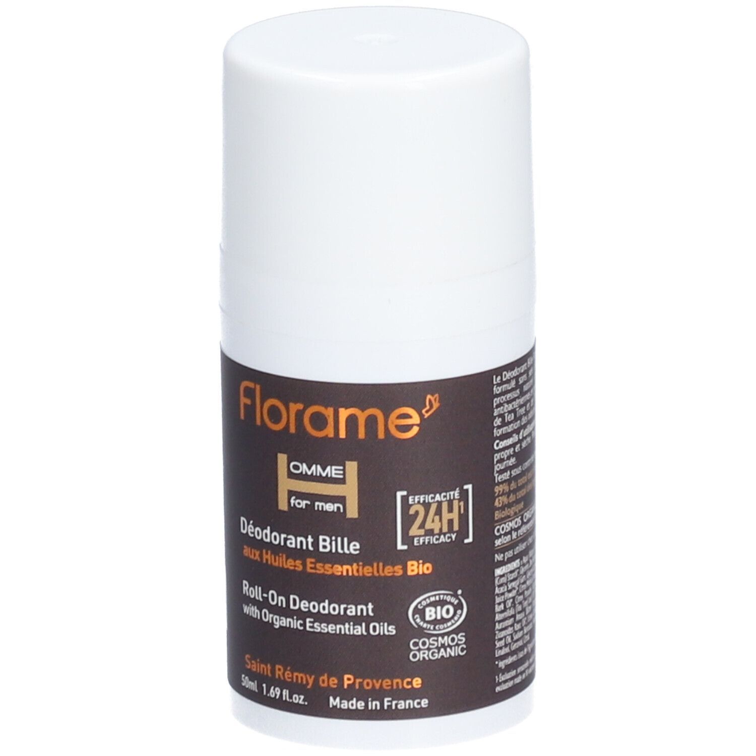 Roll-on deodorant voor mannen. Witte fles met bruin etiket. Tekst: Florame, HOMME, 24h, Bio-certificering.