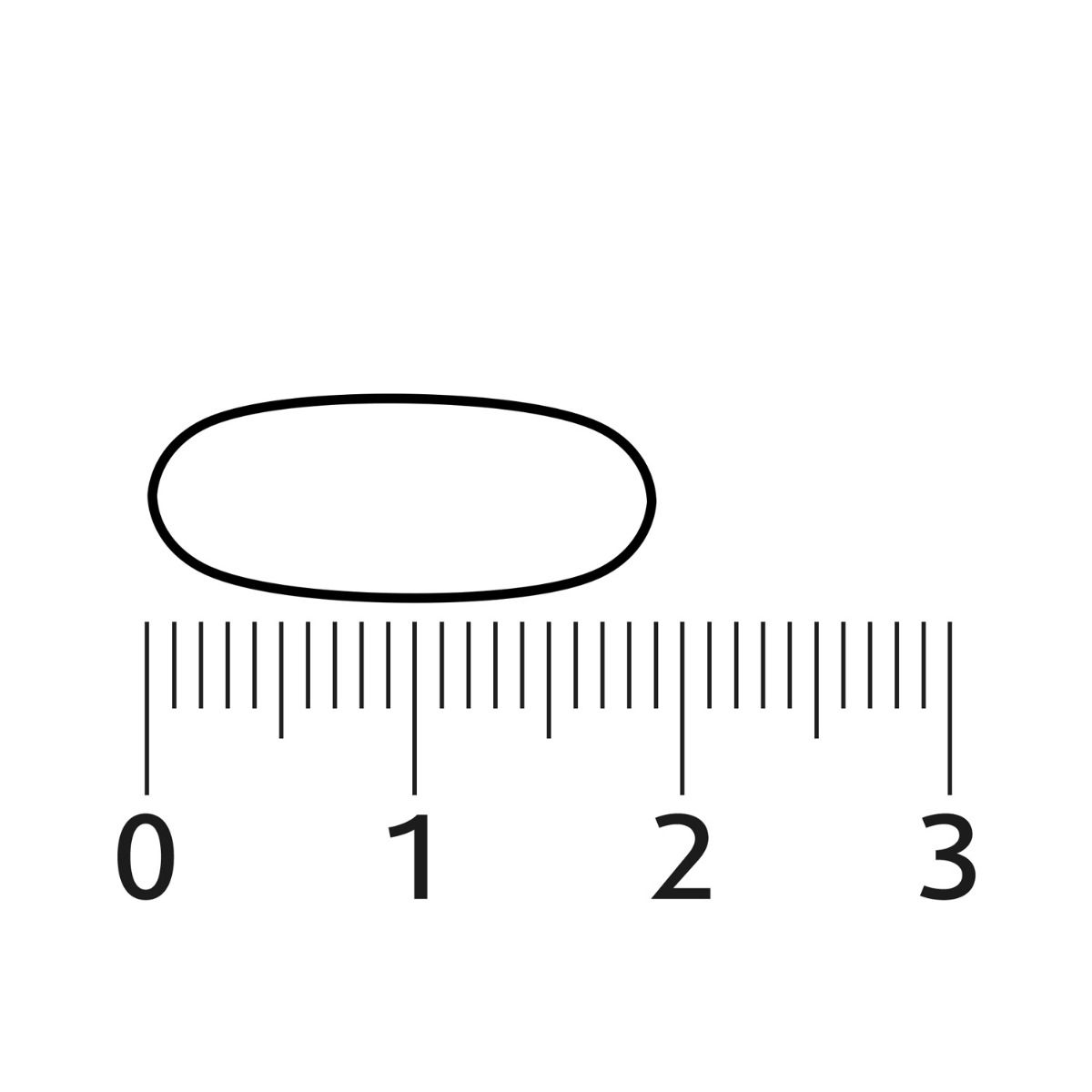 Een ovale tablet naast een liniaal. De tablet is ongeveer 2 cm lang.