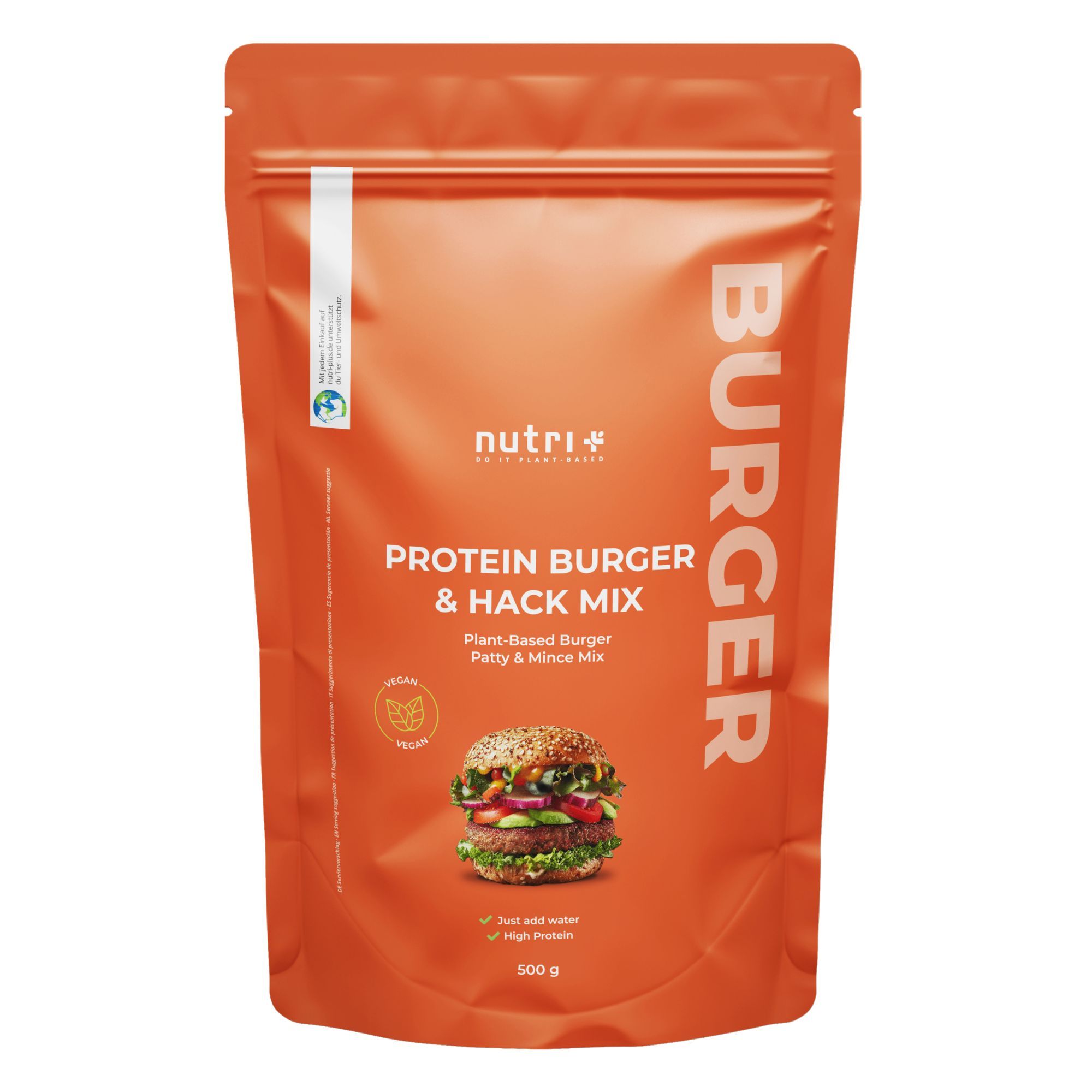 Oranje verpakking met tekst. Tekst: Protein Burger & Hack Mix, 500g. Logo: nutri+. Vegan-zegel.