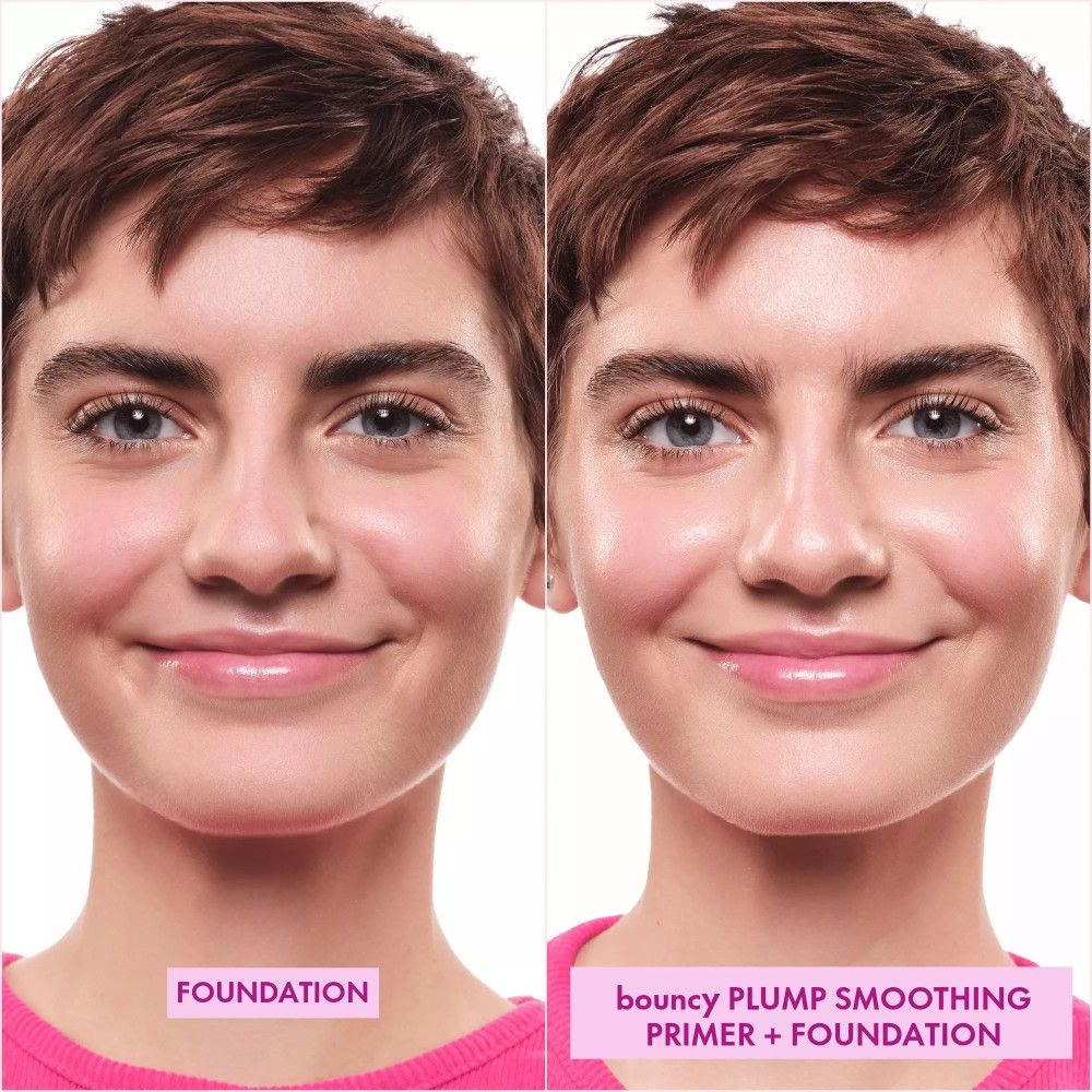 Comparaison avant-après. Gauche : Foundation. Droite : Bouncy Plump Smoothing Primer + Foundation. Visage d'une femme.
