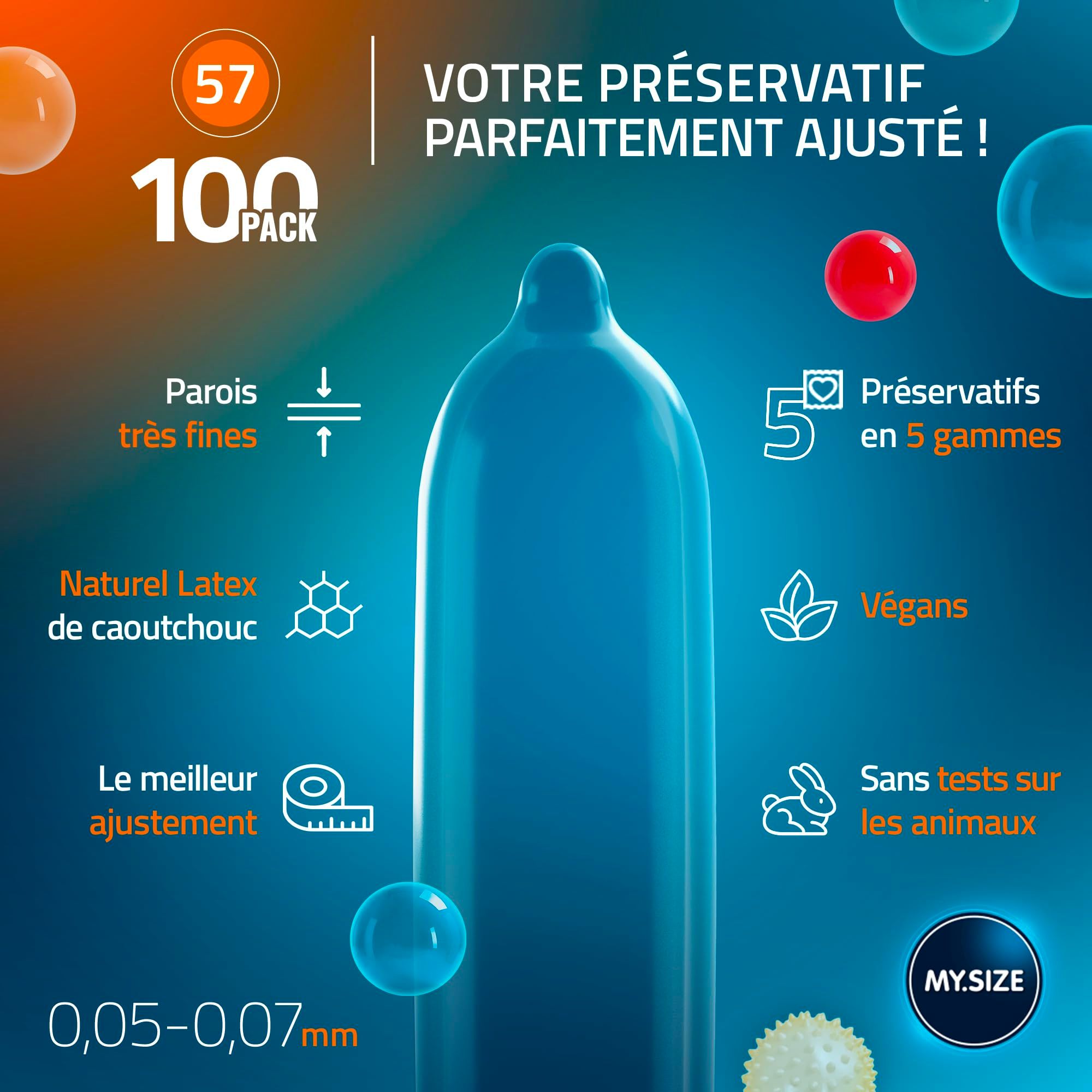 Pack de 100 préservatifs bleus en latex. Parois fines, latex de caoutchouc naturel, épaisseur 0,05-0,07mm. Végans, non testés sur les animaux.