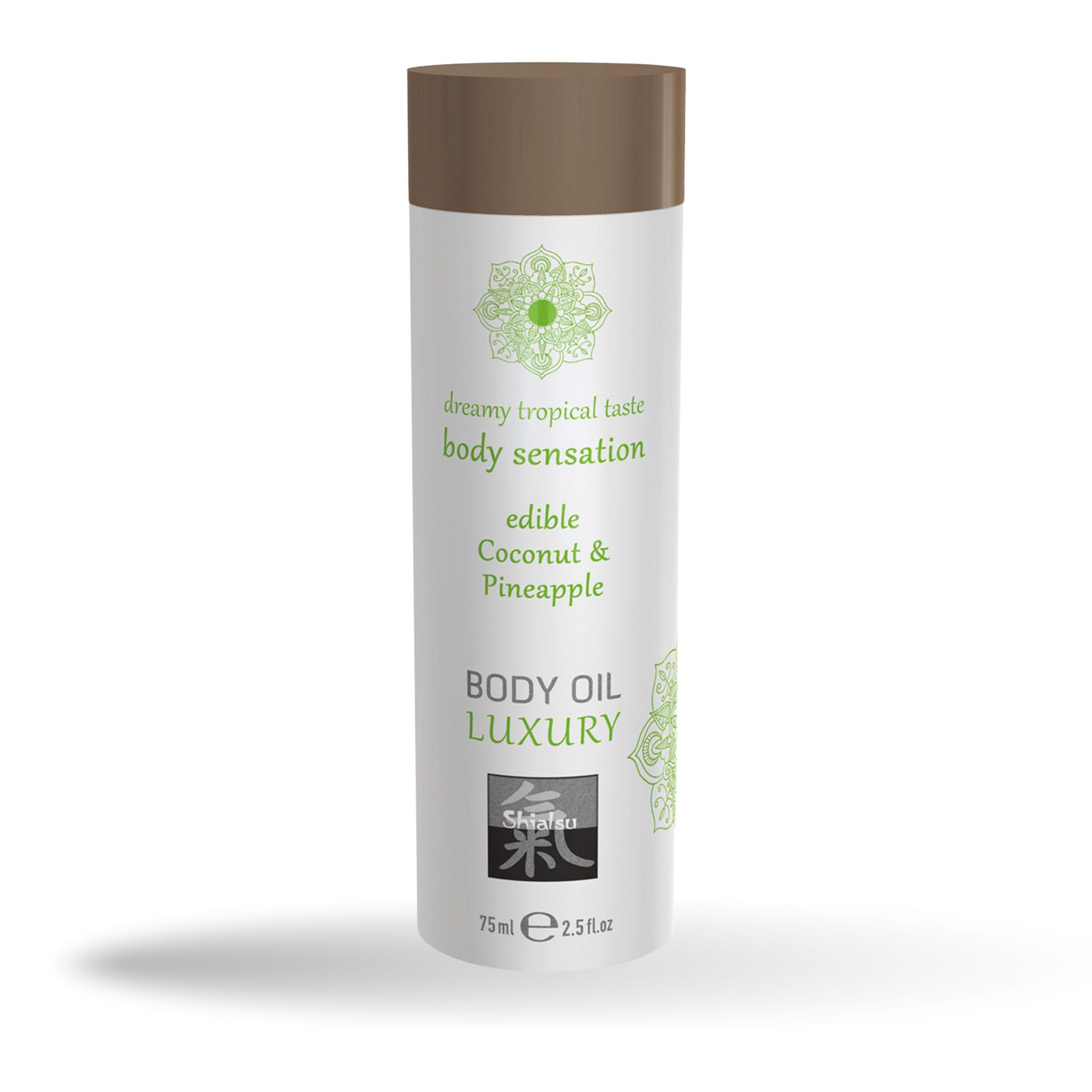 Flacon cylindrique, bouchon marron. Inscription: Body Oil Luxury, Shiatsu, noix de coco et ananas. Motifs floraux verts.