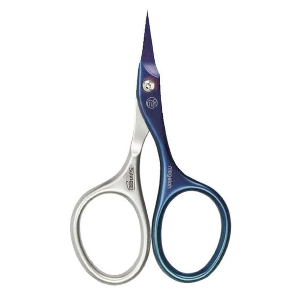 Cuticleschaar met blauwe handgrepen. Zilverkleurige bladen. Opschrift: Niegeloh, Solingen. Gevormde handgrepen.