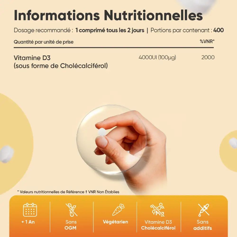 Informations nutritionnelles. Texte : 4000UI (100µg). Symboles : +1 An, sans OGM, végétarien, etc.