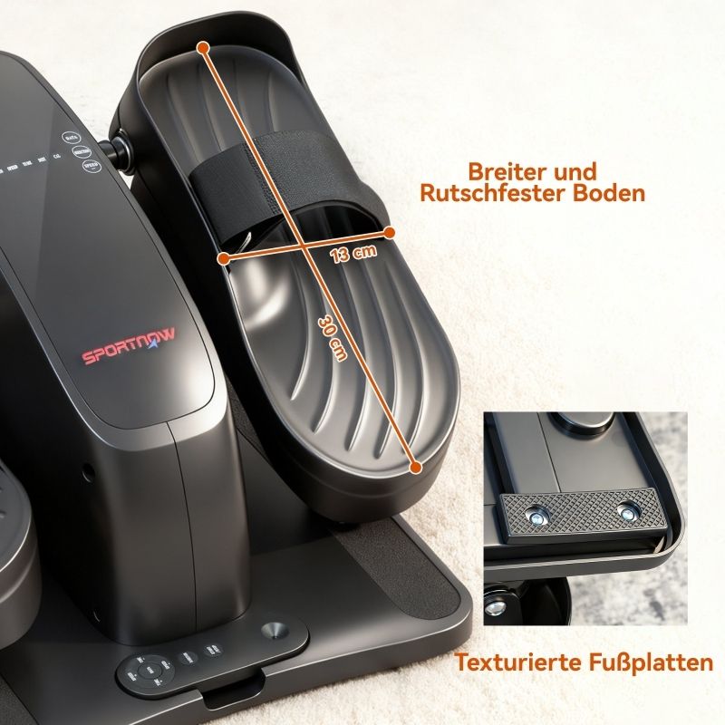 Mini-elliptische trainer. Close-up van de pedalen. Tekst: Brede en antislip basis. Afmetingen: 30x13 cm. Getextureerde voetplaten.