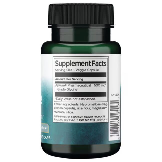 Dos du flacon de gélules. Inscription: Supplement Facts, AjiPure Pharmaceutical 500 mg, Grade Glycine. Ingrédients.